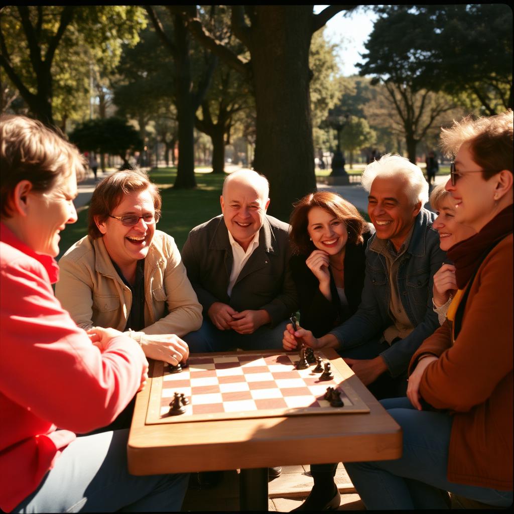 Neighbors laughing over a chess game in the park