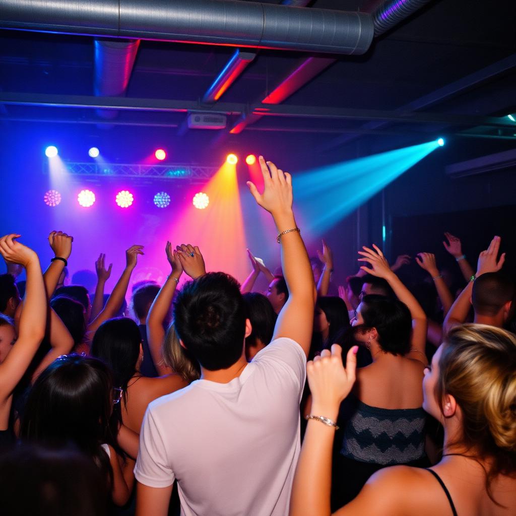 A crowd dancing together under colorful lights at an Oakland warehouse party