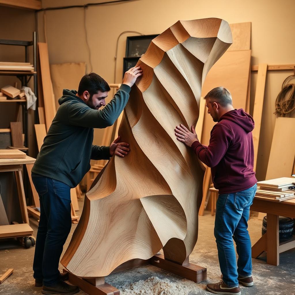 Two makers building a large wooden sculpture together in a shared workshop